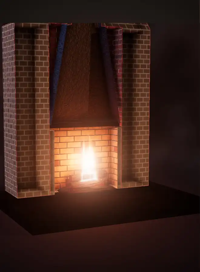 The firebox of the chimney illustration with a fire burning