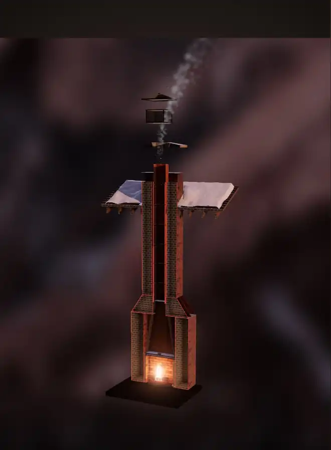 An illustration of a masonry chimney with its parts separated, from the cap down to the firebox